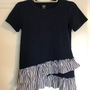 Navy blue cotton tee with ruffle accent